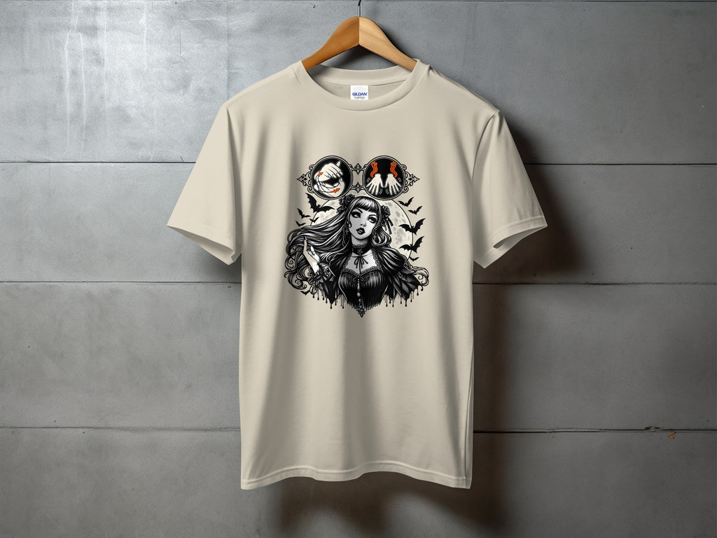 Light cream t-shirt with gothic girl, bats, and moon graphic.