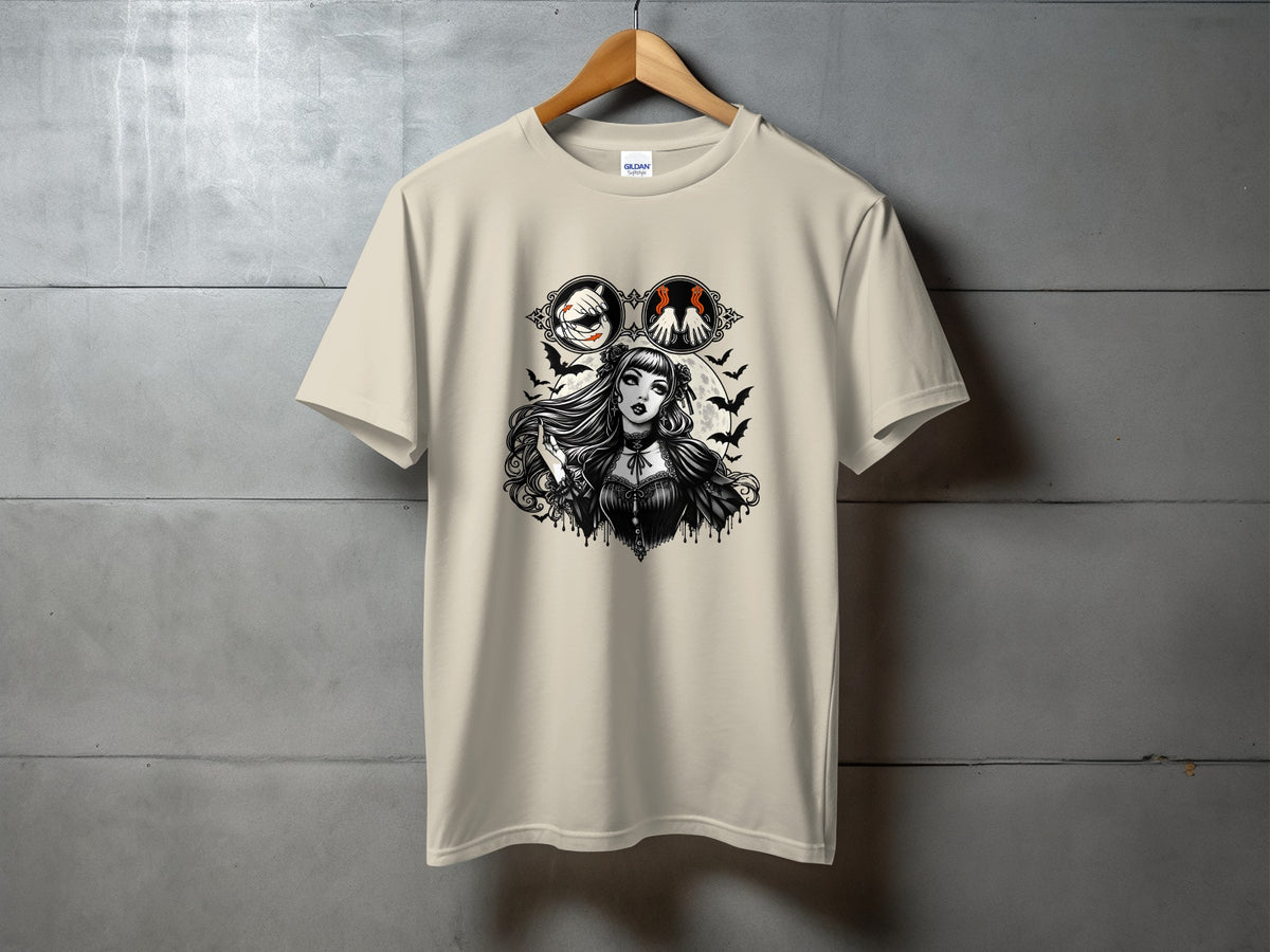 Light cream t-shirt with gothic girl, bats, and moon graphic.
