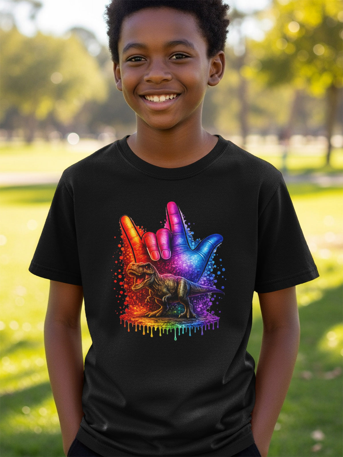 Black t-shirt with a rainbow dinosaur and hand symbol graphic.