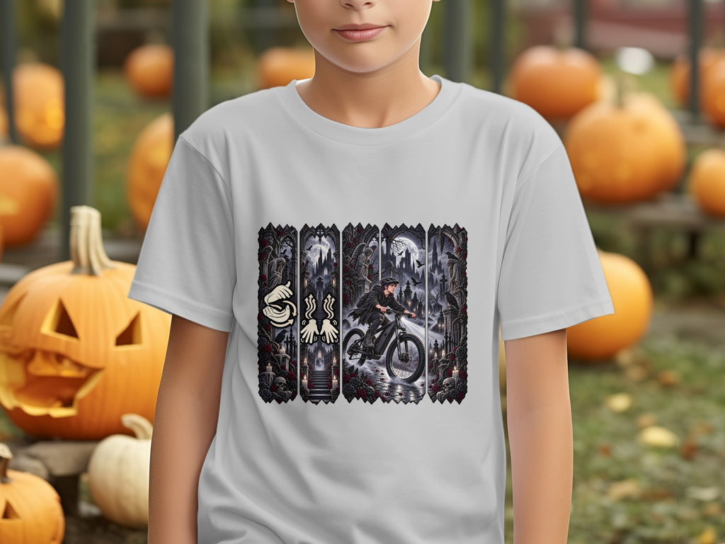 White t-shirt with gothic Halloween graphic featuring a person on a bicycle in a cemetery.
