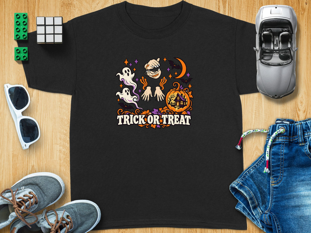 Black t-shirt with Halloween ghosts, bats, pumpkin, and "Trick or Treat" text.