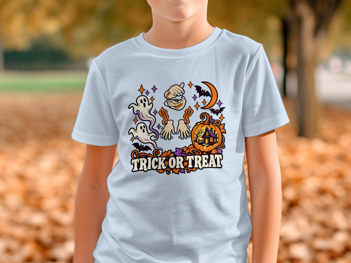 Light blue t-shirt with Halloween graphic featuring ghosts, pumpkin, bats, and "Trick or Treat" text.