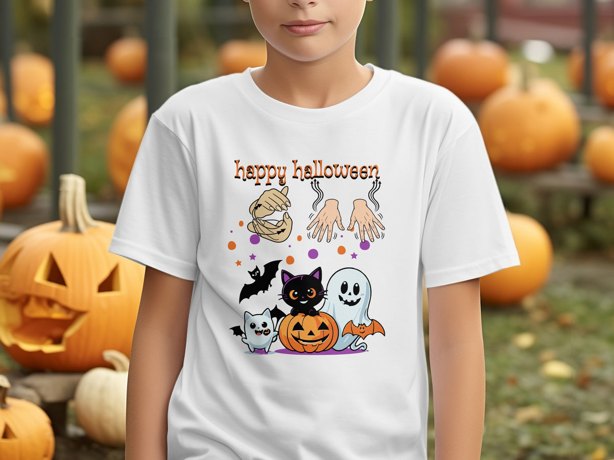 White t-shirt with "happy halloween" text and cartoon Halloween characters.