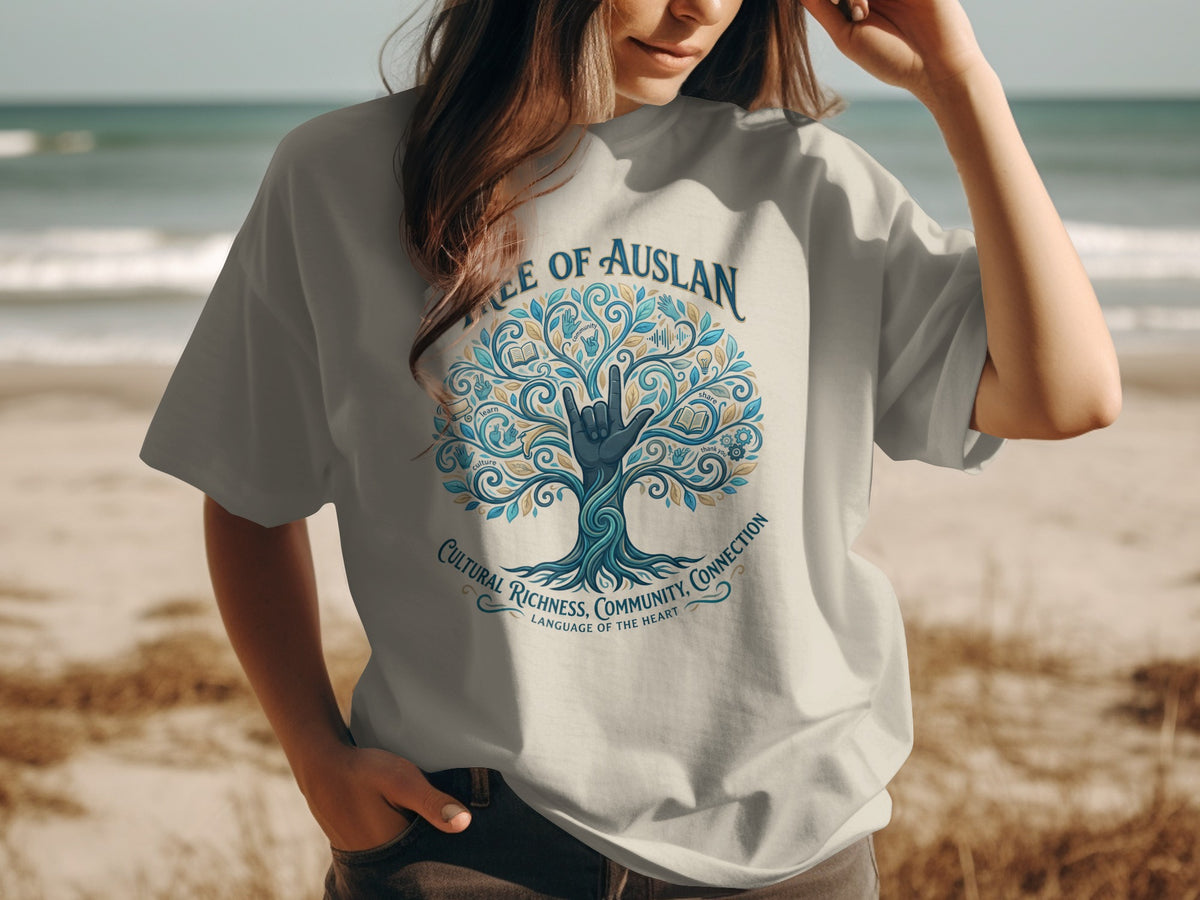 Tree of Auslan shirt with ASL hand, book, and leaves, text about language.