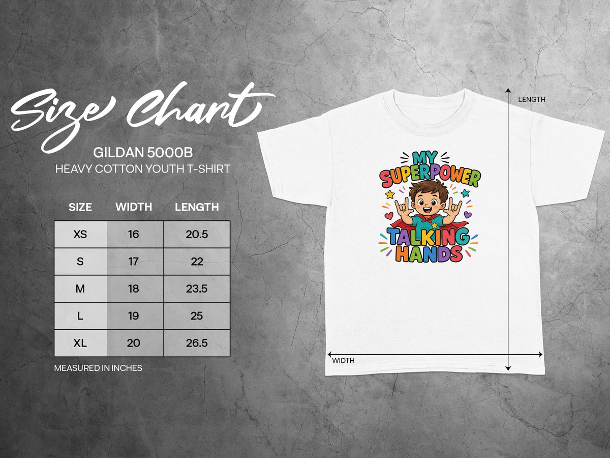 Gildan 5000B youth t-shirt size chart with width and length measurements.