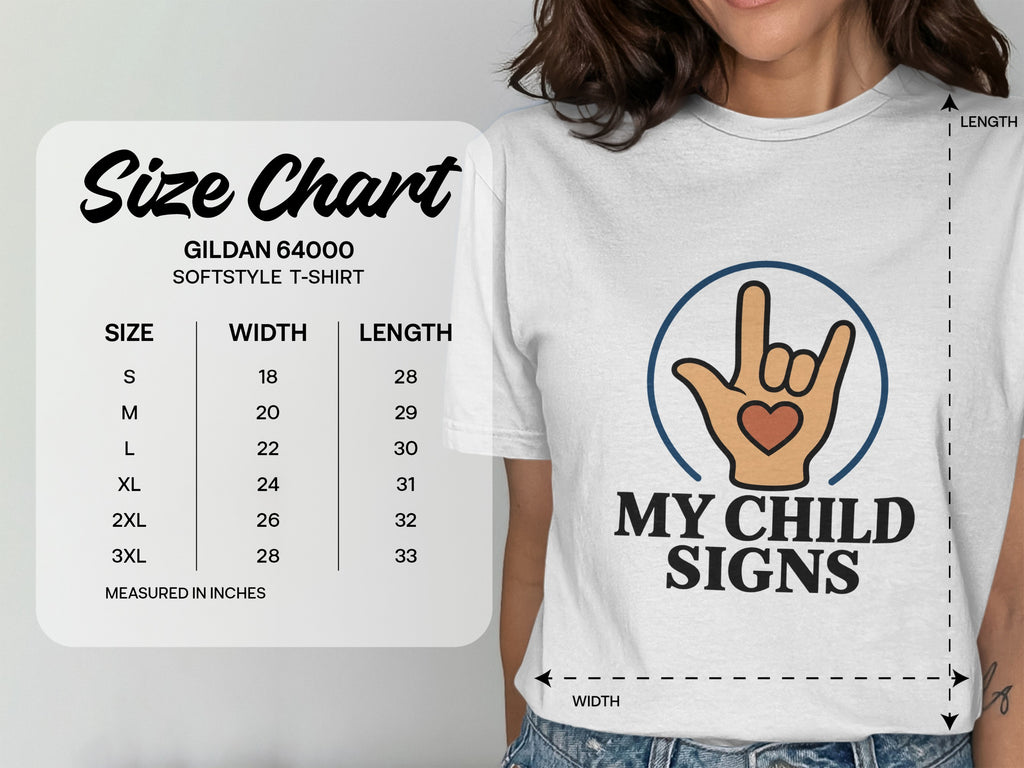 Gildan 64000 Softstyle T-shirt size chart with width and length measurements.