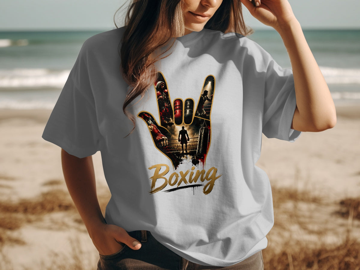 T-shirt with a graphic of a boxing montage within a hand gesture, text "Boxing."