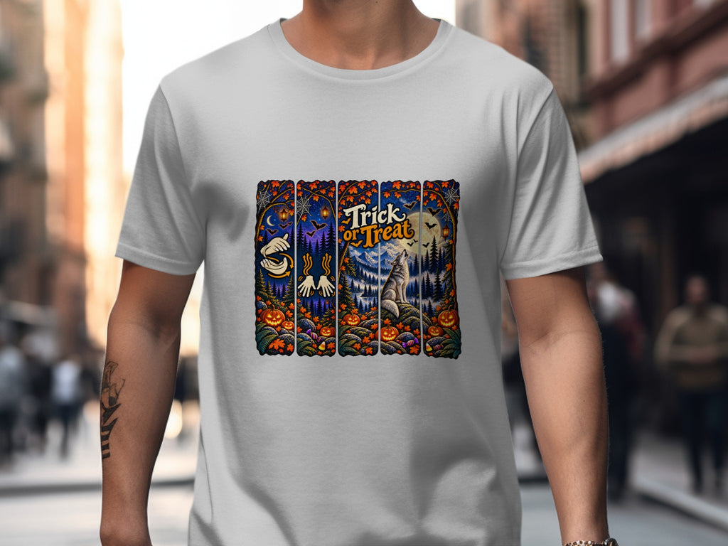 Halloween t-shirt design with wolf, pumpkins, bats, and text "Trick or Treat".