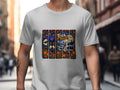 Halloween t-shirt design with wolf, pumpkins, bats, and text "Trick or Treat".