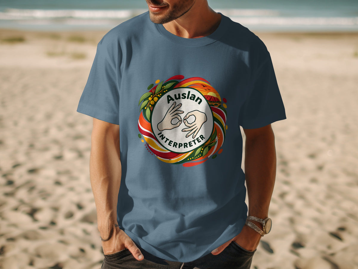 T-shirt with "Auslan Interpreter" text and sign language symbols within a colorful border.