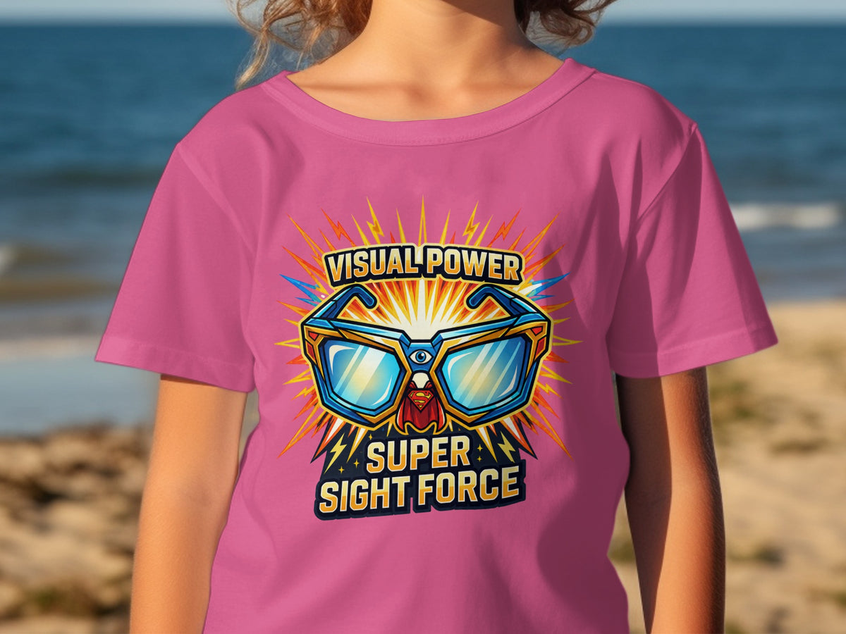 Pink t-shirt with "Visual Power Super Sight Force" text and superhero glasses graphic.
