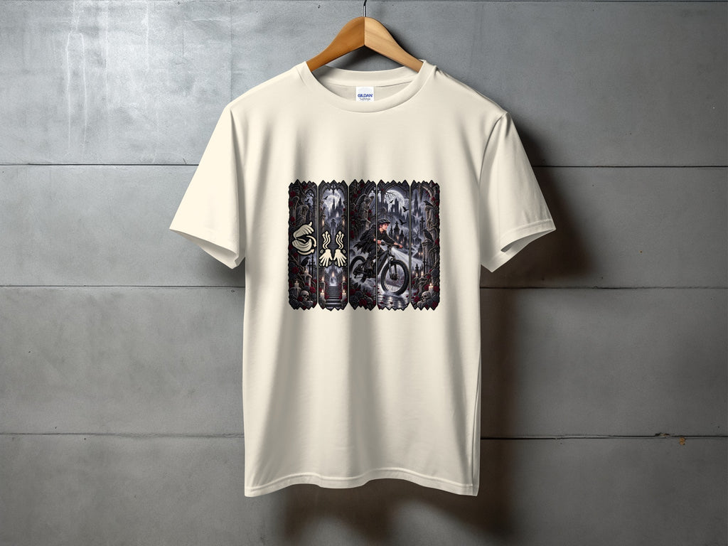 Cream t-shirt with a graphic featuring a person riding a bicycle through a gothic-themed collage.