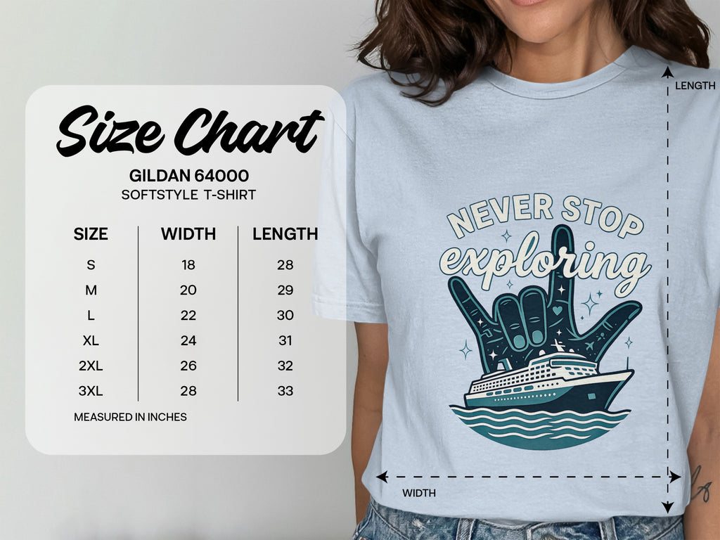 Gildan 64000 softstyle t-shirt size chart with width and length measurements in inches.