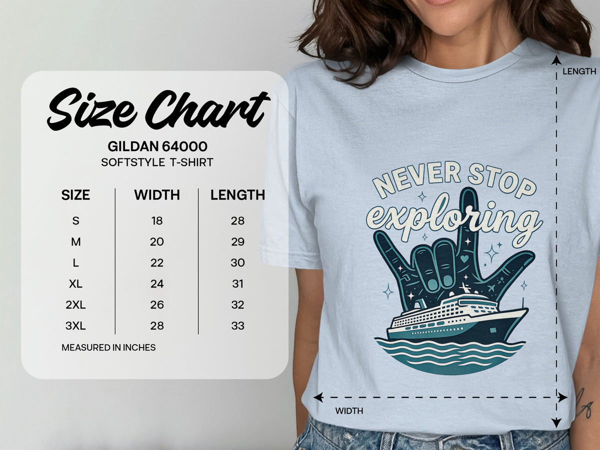 Gildan 64000 softstyle t-shirt size chart with width and length measurements in inches.