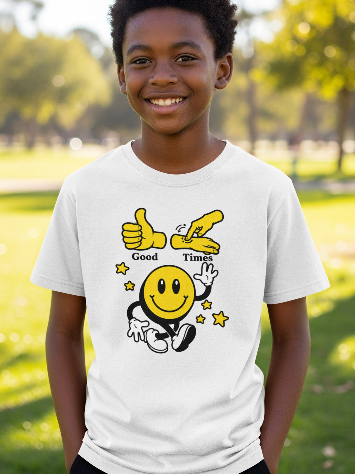 White t-shirt with "Good Times" graphic featuring a smiley face and hand gestures.