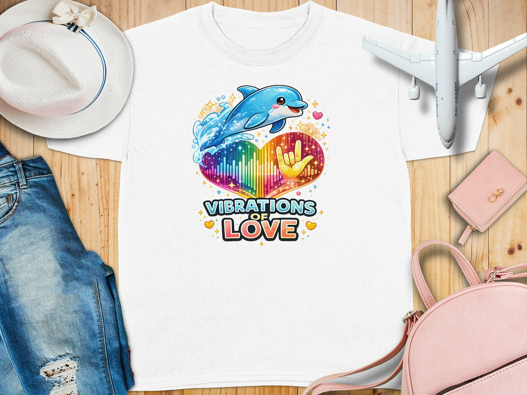 White t-shirt with a blue dolphin and heart graphic that says "Vibrations of Love".