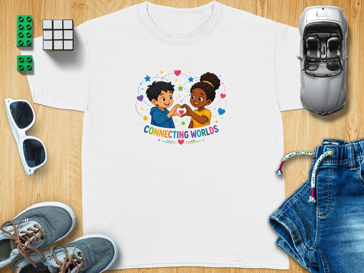 White t-shirt with graphic of two children making heart shape, text "CONNECTING WORLDS".