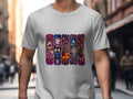 T-shirt graphic with five Halloween-themed vertical panels featuring wolves and mystic elements.