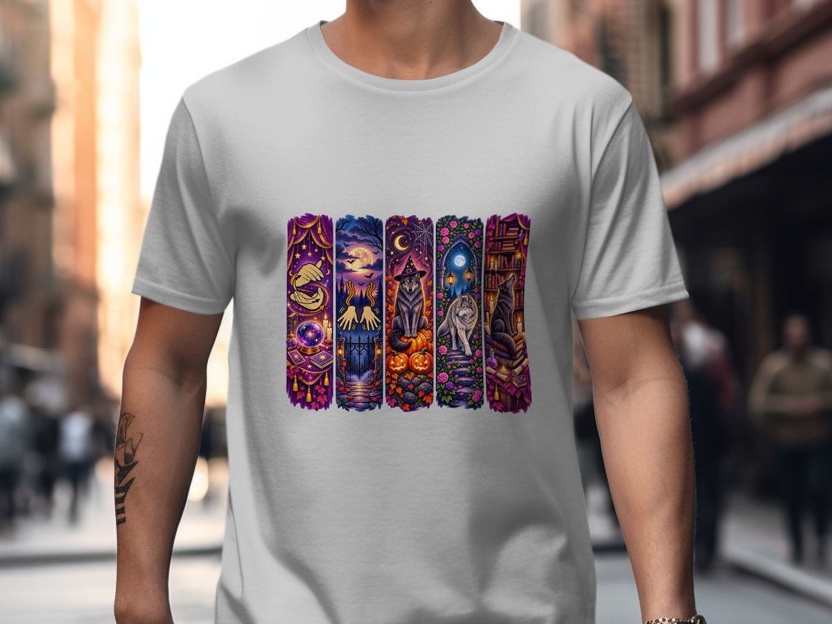 T-shirt graphic with five Halloween-themed vertical panels featuring wolves and mystic elements.