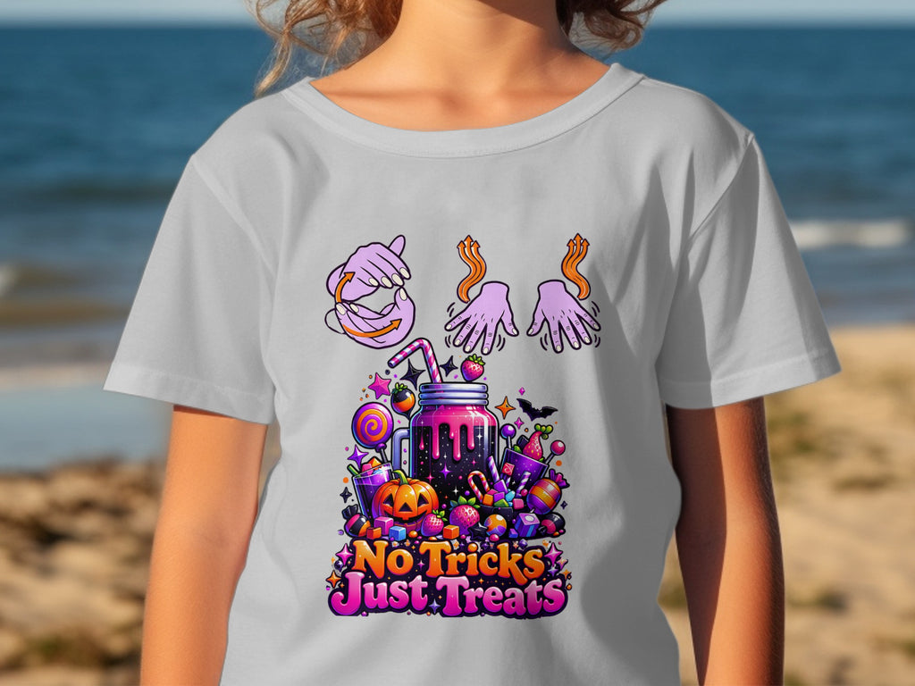 Gray t-shirt with Halloween-themed "No Tricks Just Treats" graphic and candy.