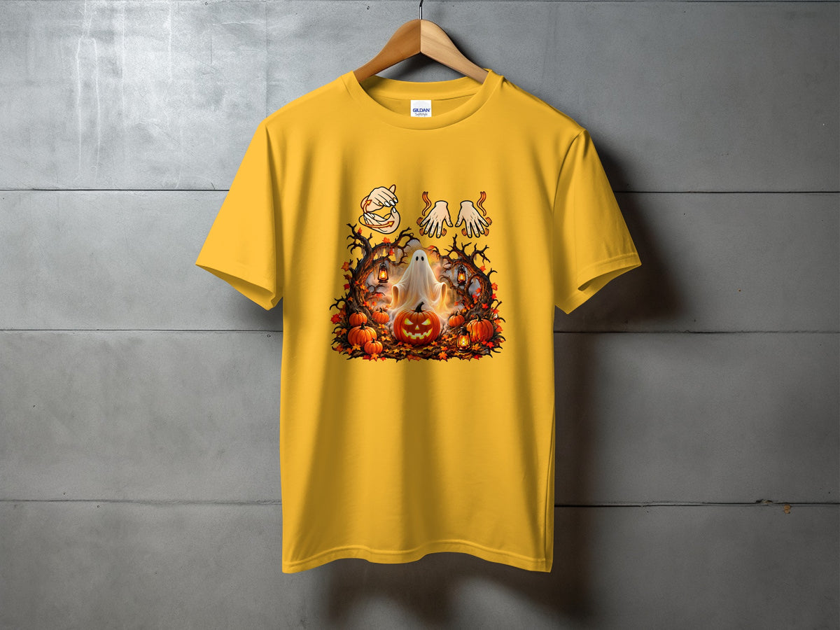 Yellow t-shirt with a Halloween graphic featuring a ghost, pumpkins, and hands.