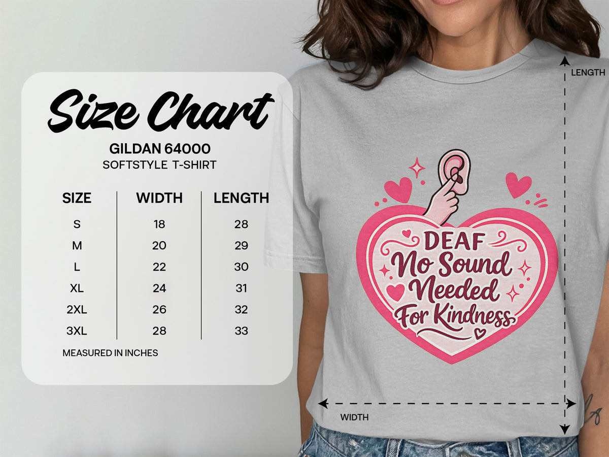 Gildan 64000 Softstyle T-Shirt size chart with width and length measurements in inches.