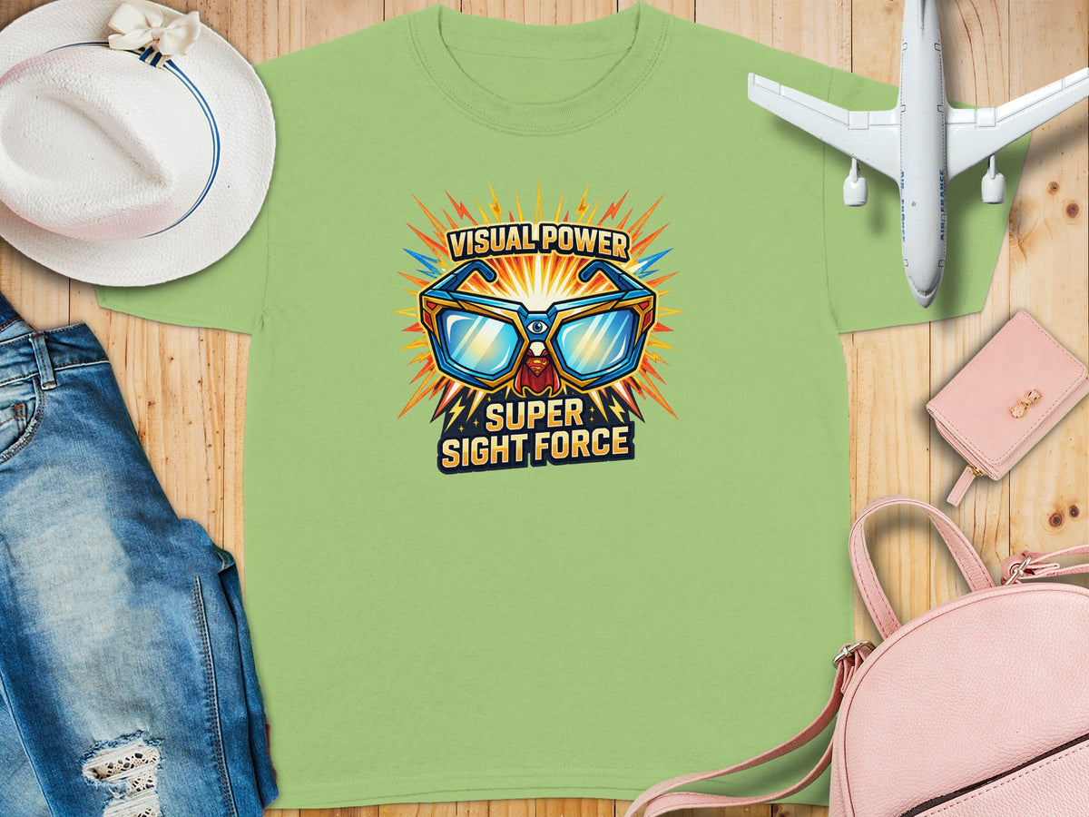 Light green t-shirt with "VISUAL POWER SUPER SIGHT FORCE" graphic.