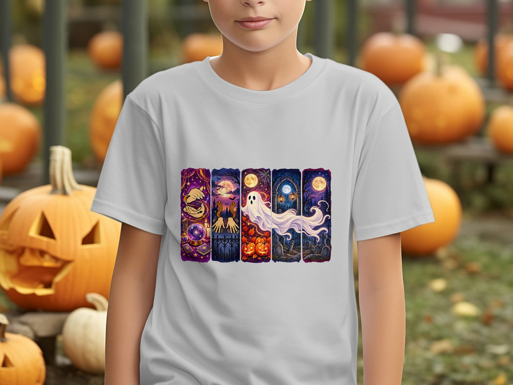White t-shirt with a Halloween-themed print featuring five vertical panels of spooky scenes.