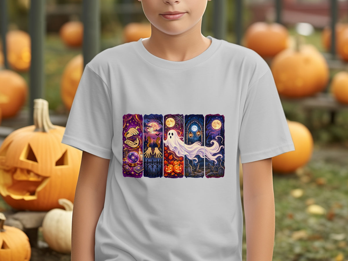 White t-shirt with a Halloween-themed print featuring five vertical panels of spooky scenes.