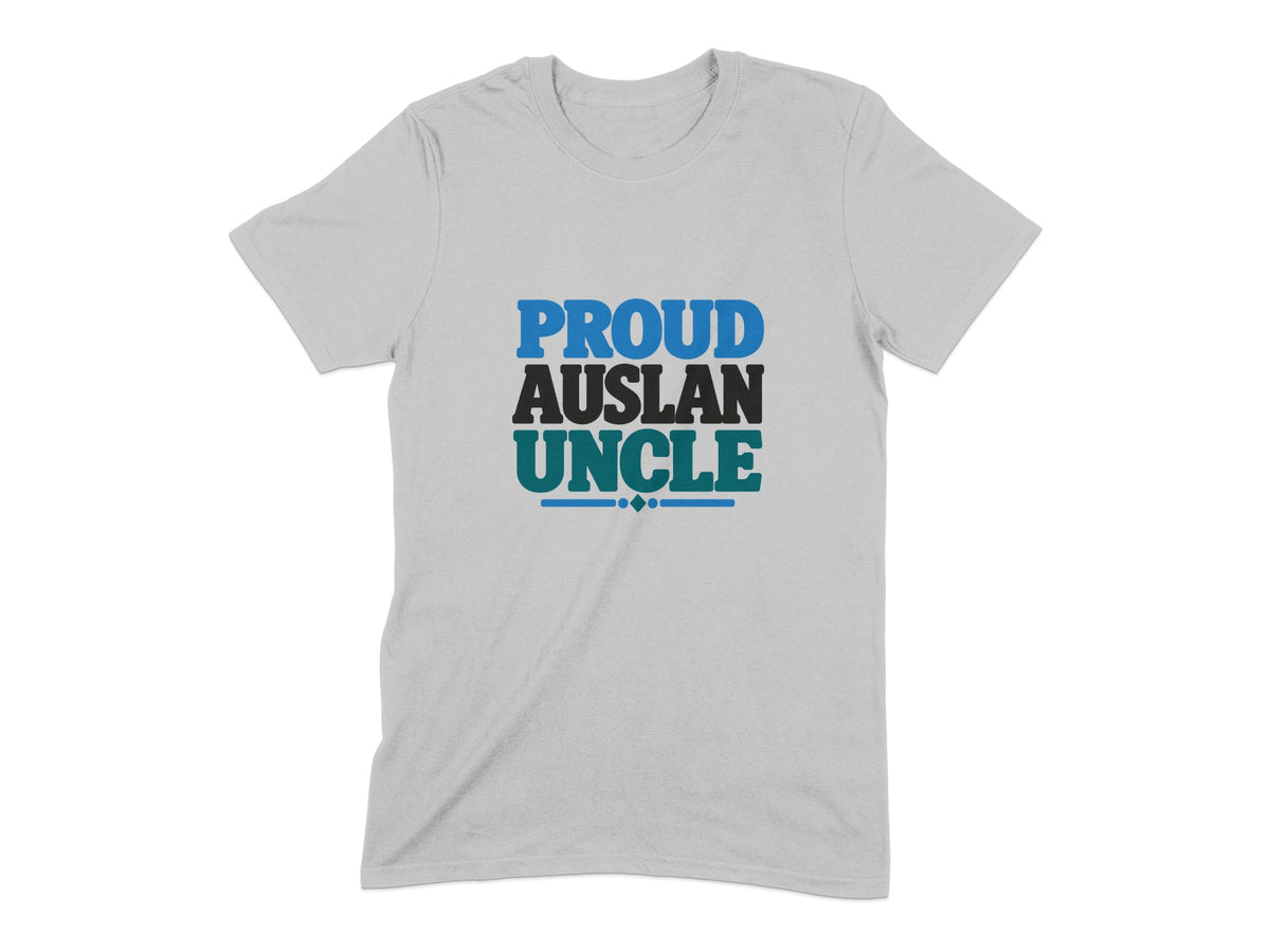 Light grey t-shirt with "PROUD AUSLAN UNCLE" text in blue, black, and teal.