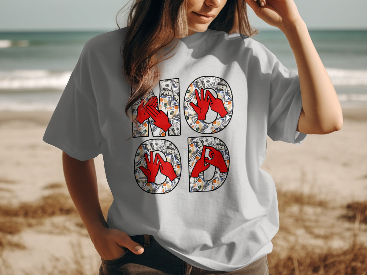 Grey t-shirt with "HOOD" text formed by money and red hands.