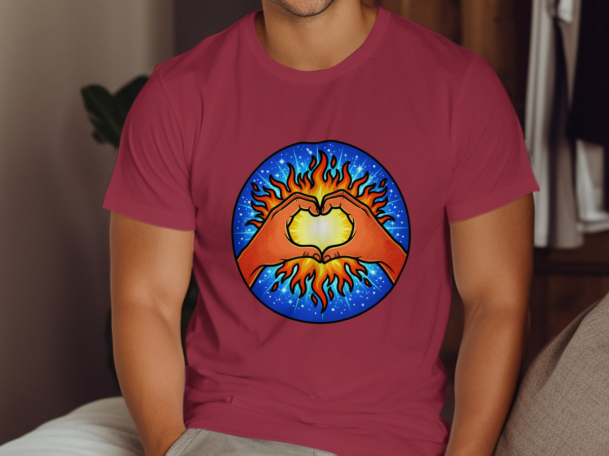 T-shirt with a circular graphic of hands forming a heart in front of a sun with flames.