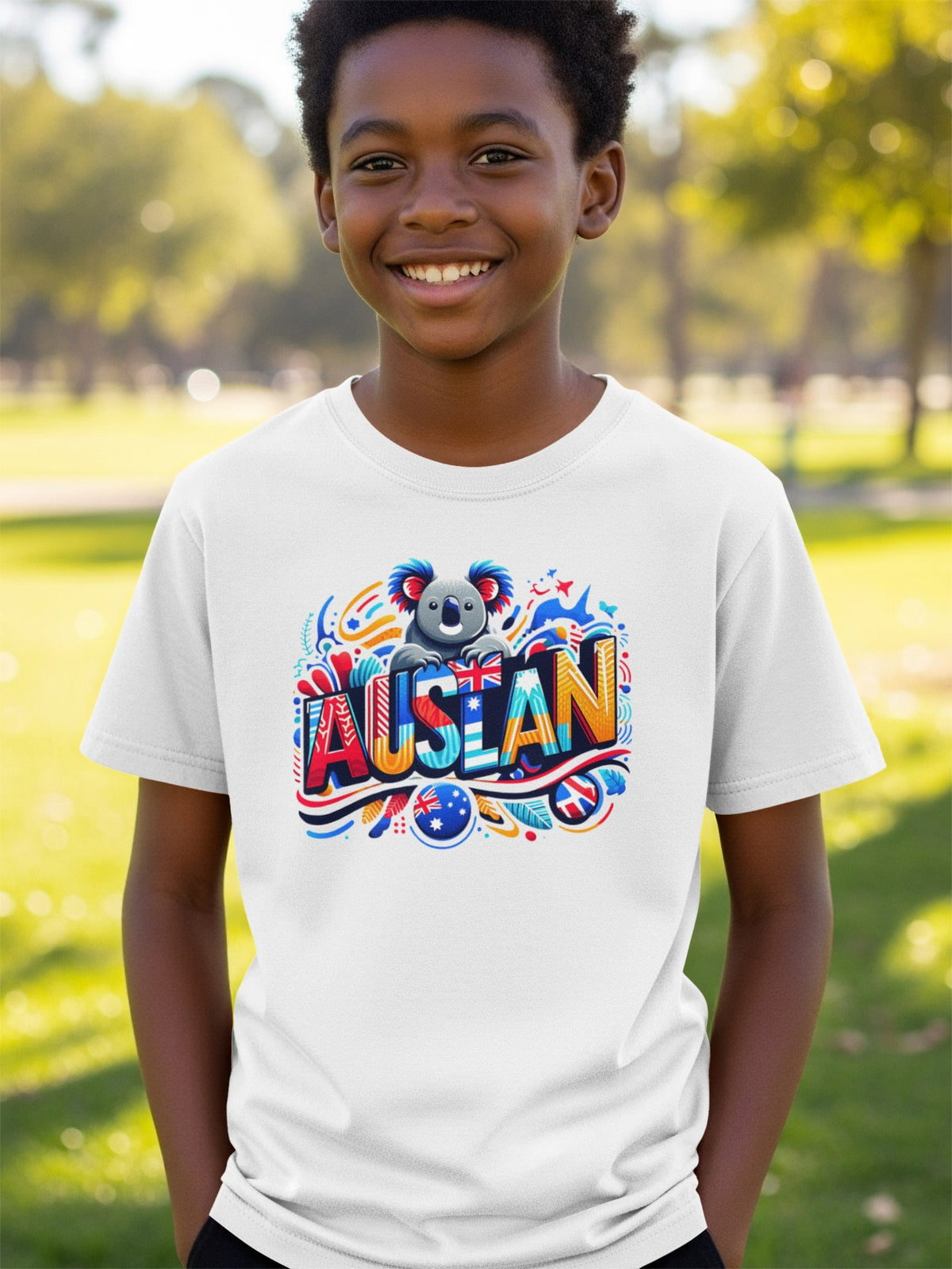White t-shirt with colorful "AUSTRALIA" text and a koala graphic.