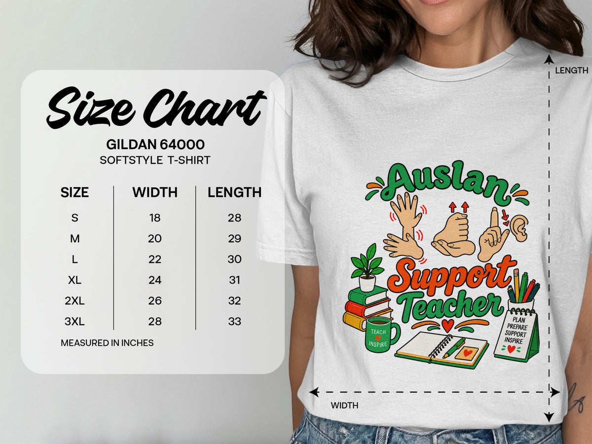 Gildan 64000 softstyle t-shirt size chart showing measurements in inches.
