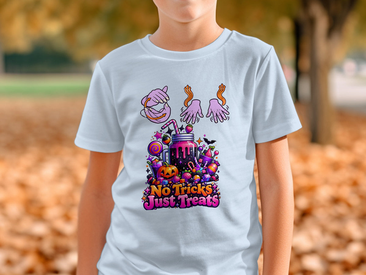 T-shirt design with "No Tricks Just Treats" text and Halloween candy graphics.