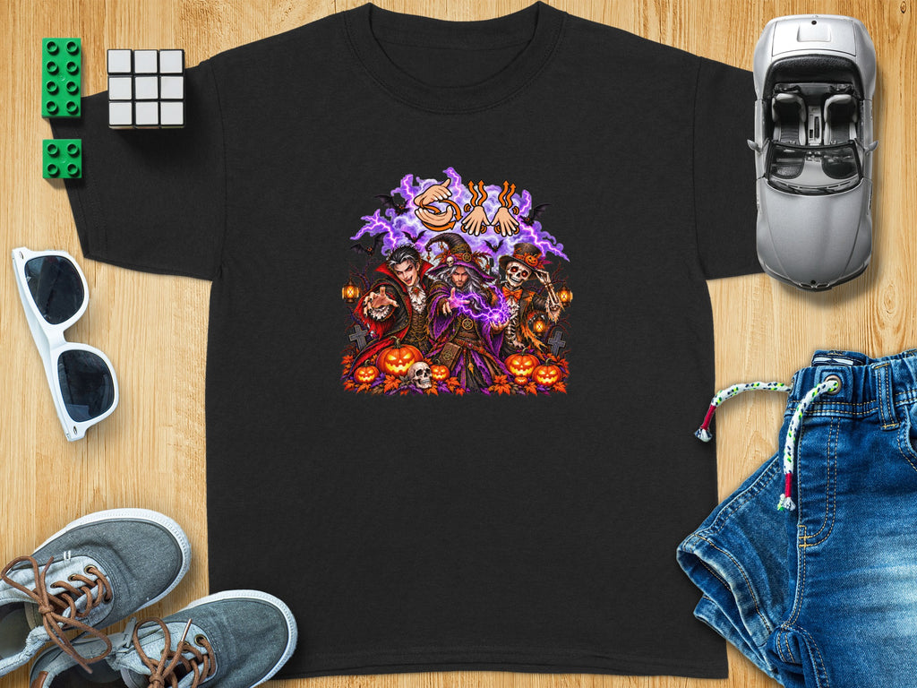 Black t-shirt with Halloween graphic of vampire, wizard, and skeleton holding hands.