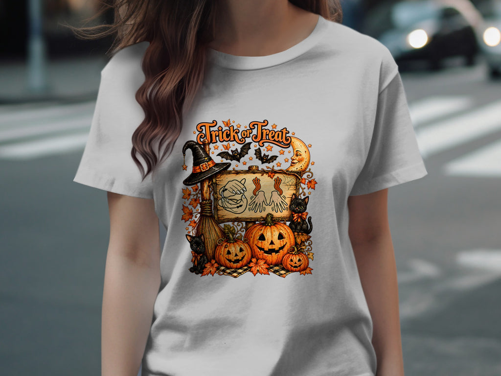 Halloween graphic with pumpkins, witches hat, bats, cats, and "Trick or Treat" text.