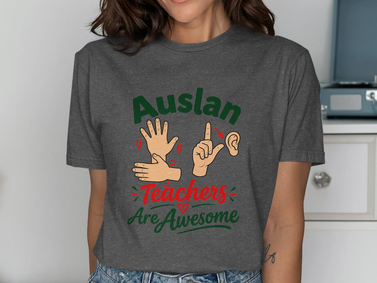 Auslan Teachers Are Awesome text with hand sign language illustrations on dark grey t-shirt.