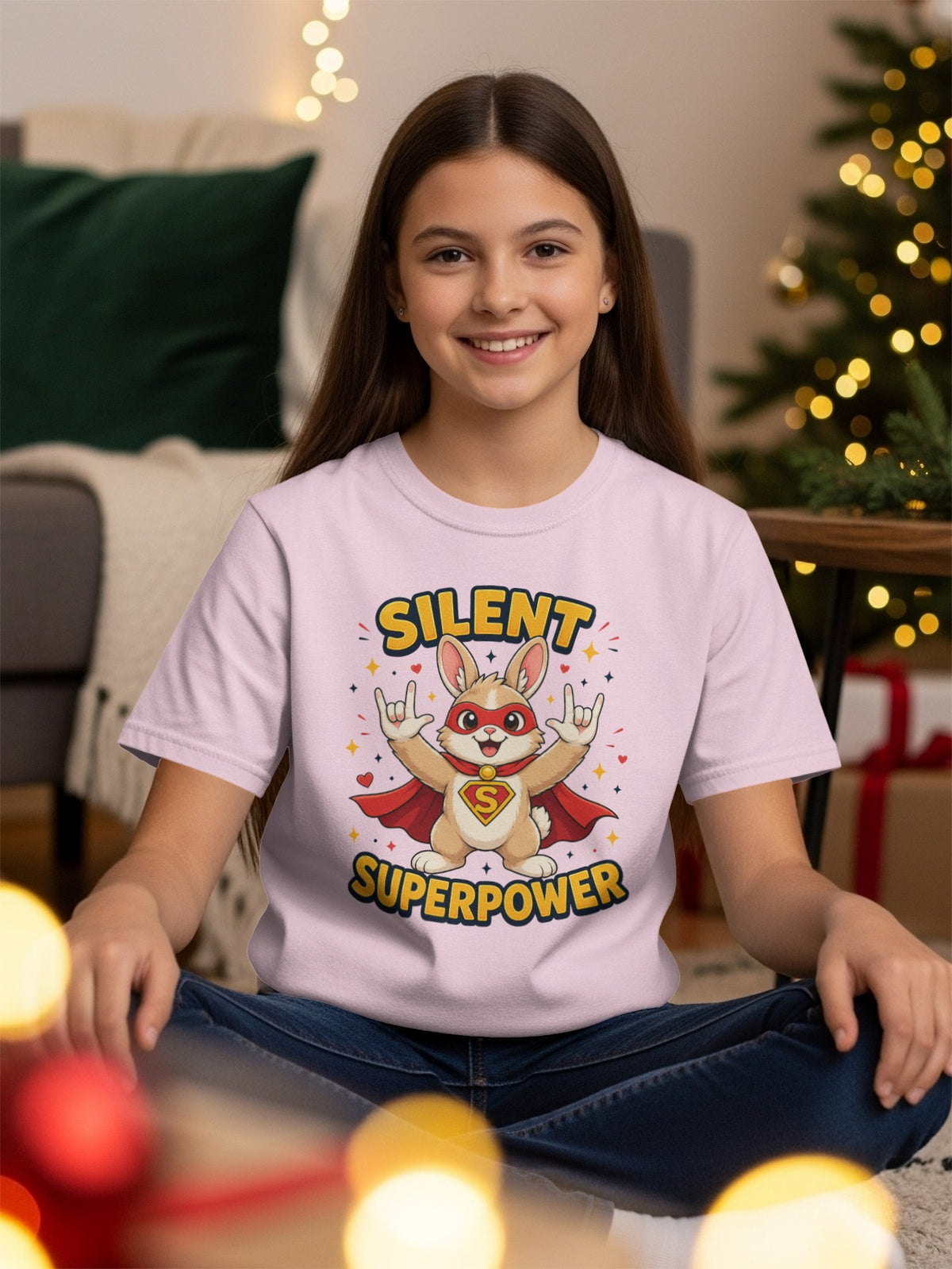 Pink t-shirt with a cartoon bunny superhero and text "SILENT SUPERPOWER".