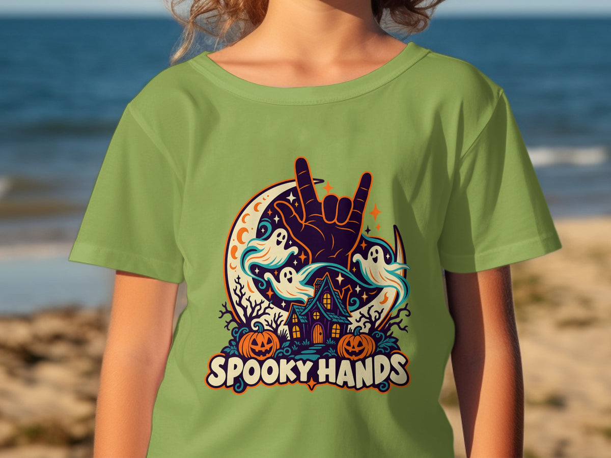 Green t-shirt with a "Spooky Hands" Halloween graphic featuring ghosts, a haunted house, and pumpkins.