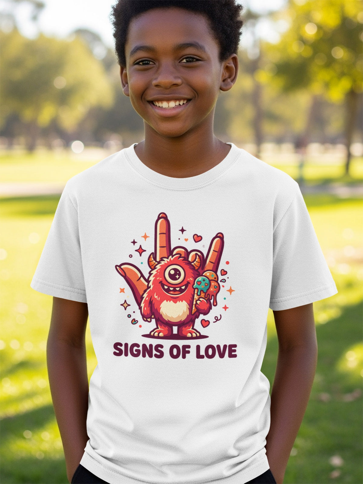 White t-shirt with a red monster holding ice cream making "rock on" hand gesture.