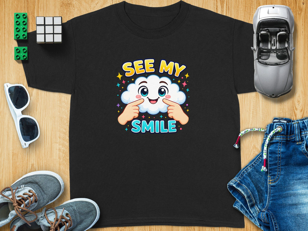 Black t-shirt with smiling cloud graphic saying "SEE MY SMILE"