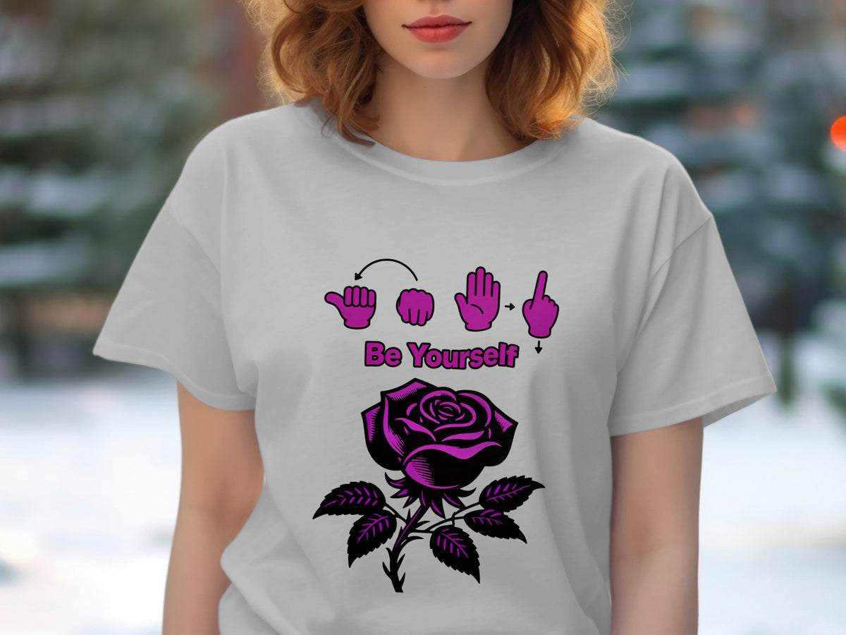 Gray t-shirt with purple "Be Yourself" text, sign language hands, and a black and purple rose.