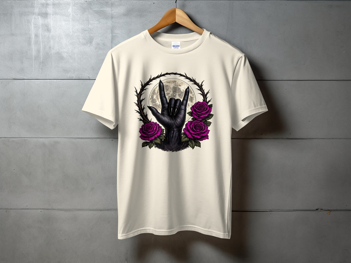 Cream t-shirt with black hand making devil horns sign and purple roses.