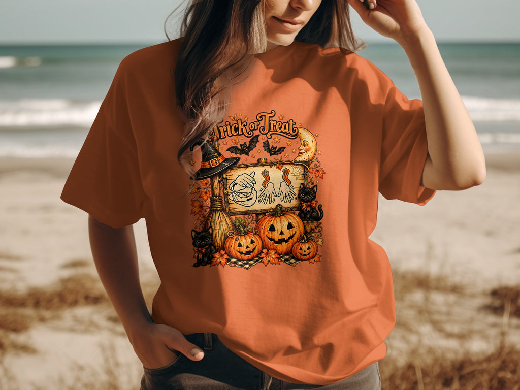 Orange t-shirt with Halloween graphic featuring "Trick or Treat" text and pumpkins.