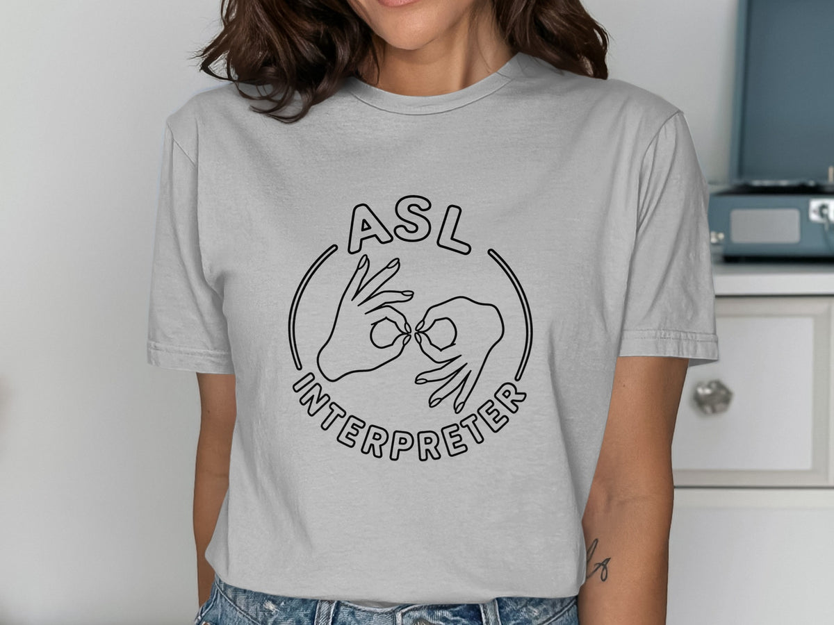 ASL interpreter design with hands forming letters and text around a circle.