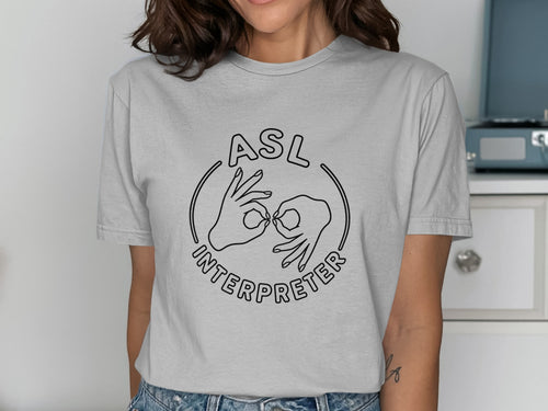 ASL interpreter design with hands forming letters and text around a circle.