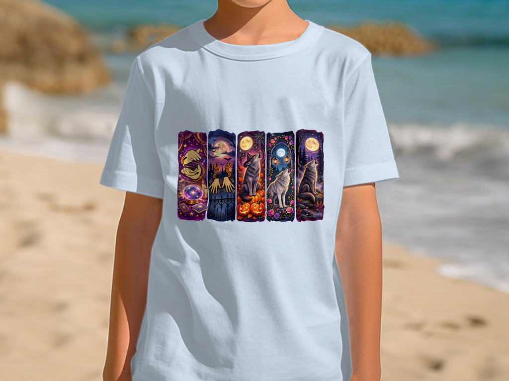 Light blue t-shirt with a row of five Halloween-themed vertical designs.