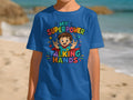 Blue t-shirt with text "MY SUPERPOWER TALKING HANDS" and a cartoon boy.