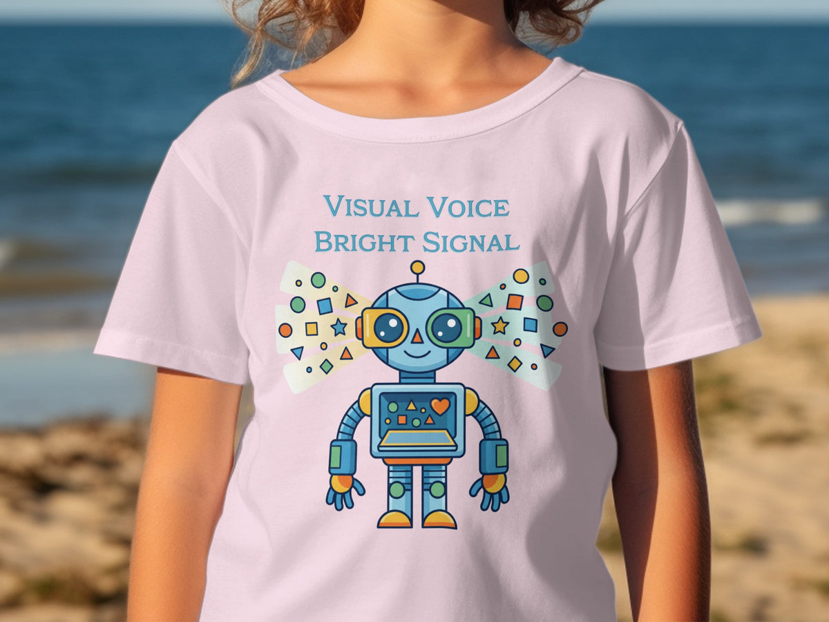 Pink t-shirt with a blue cartoon robot and text "VISUAL VOICE BRIGHT SIGNAL".